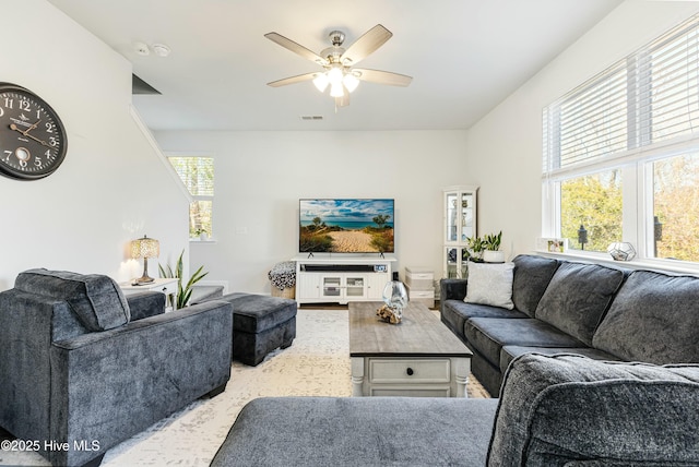 living room featuring ceiling fan