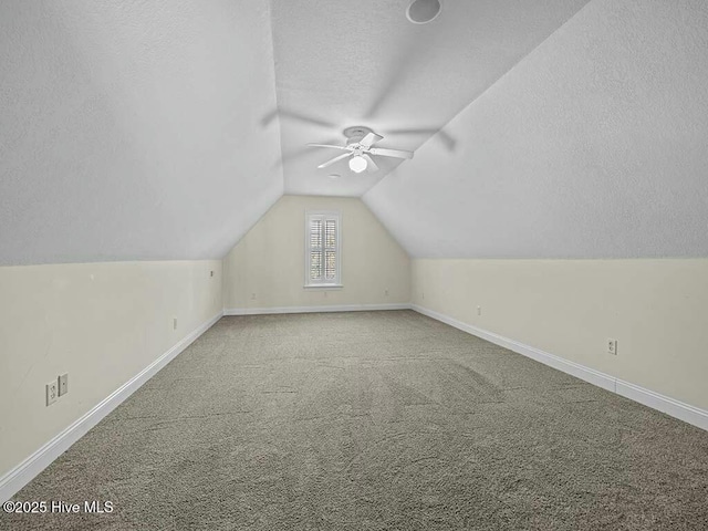 additional living space with vaulted ceiling, carpet, and a textured ceiling