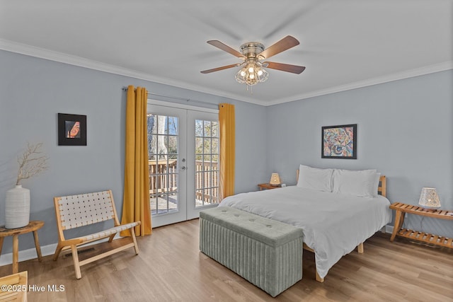 bedroom featuring ceiling fan, access to exterior, ornamental molding, french doors, and light wood-type flooring