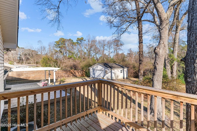 deck with a storage shed