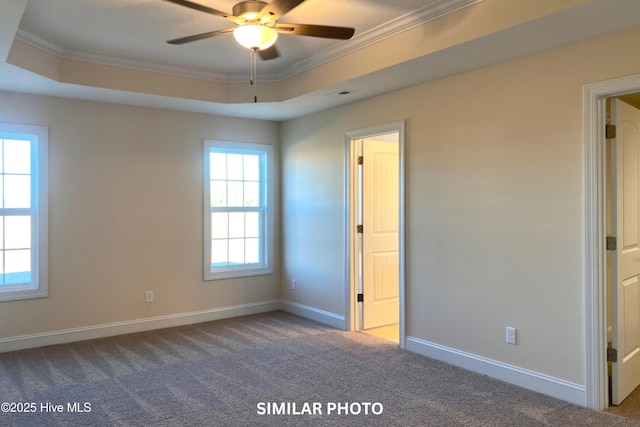 unfurnished room with a raised ceiling, a healthy amount of sunlight, and ornamental molding