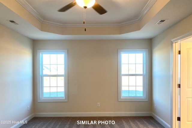 spare room with a raised ceiling, a healthy amount of sunlight, and dark carpet