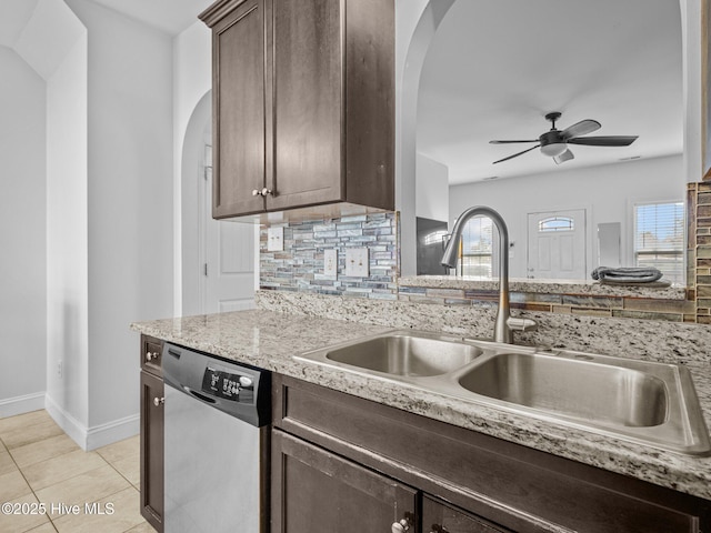 kitchen featuring stainless steel dishwasher, sink, dark brown cabinetry, backsplash, and plenty of natural light