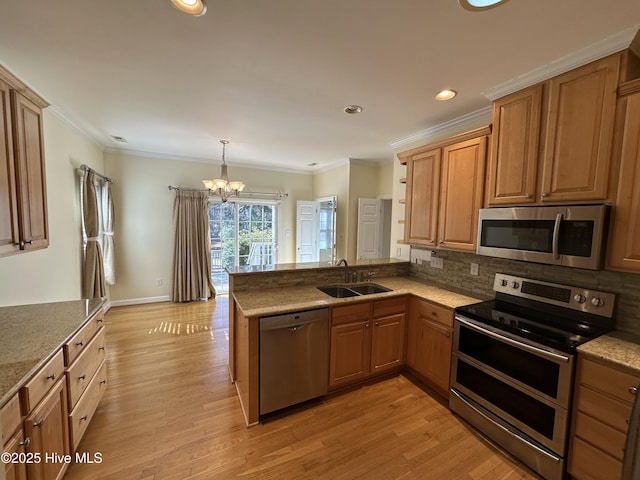 kitchen featuring stainless steel appliances, a sink, a peninsula, and light wood finished floors