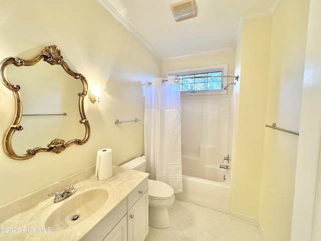 6104 Falcon Dr, New Bern, NC 28560 - full bath featuring crown molding, vanity, shower / tub combo, and tile patterned floors