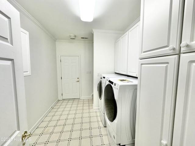 6104 Falcon Dr, New Bern, NC 28560 - laundry room with independent washer and dryer, cabinet space, light flooring, and crown molding