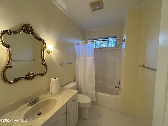 bathroom with toilet, shower / tub combo with curtain, tile patterned floors, crown molding, and vanity