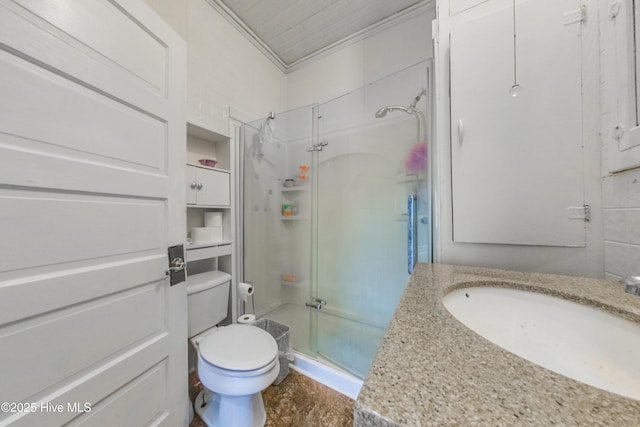 bathroom featuring toilet, an enclosed shower, ornamental molding, and vanity