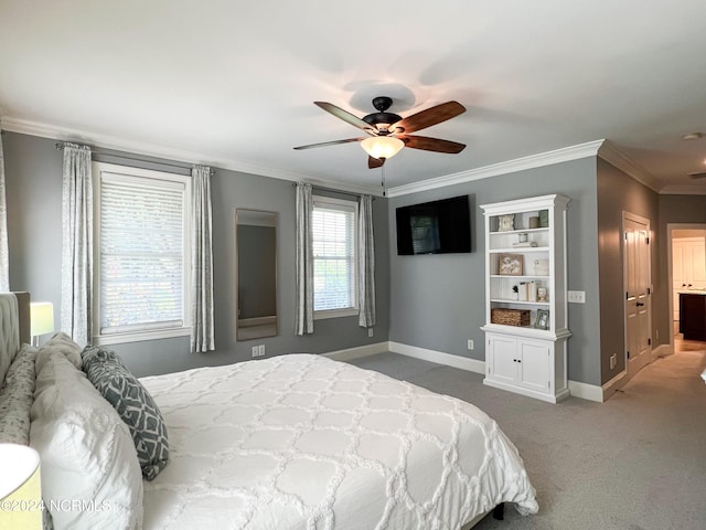 bedroom featuring ceiling fan, light colored carpet, and ornamental molding