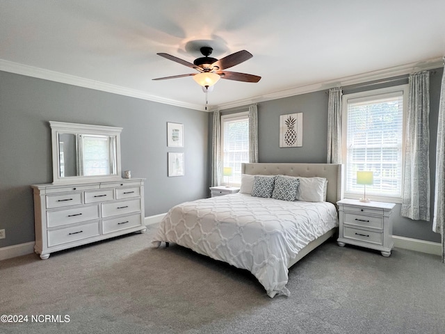 bedroom featuring carpet floors, ceiling fan, and crown molding