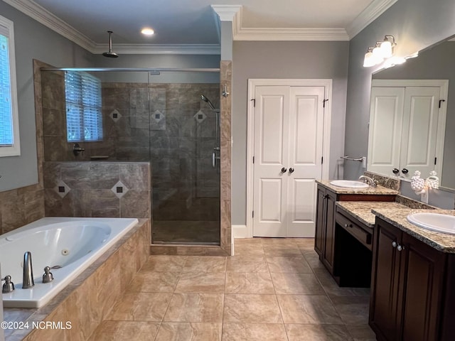 bathroom with crown molding, tile patterned flooring, vanity, and shower with separate bathtub