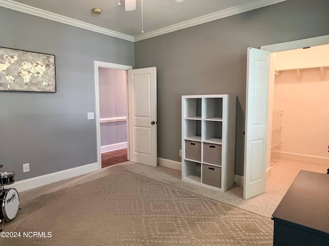 unfurnished bedroom featuring carpet, ceiling fan, a spacious closet, ornamental molding, and a closet