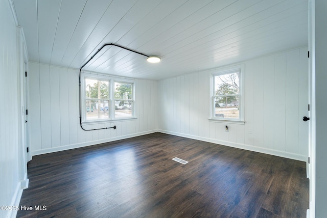 unfurnished room featuring dark hardwood / wood-style flooring and wood ceiling