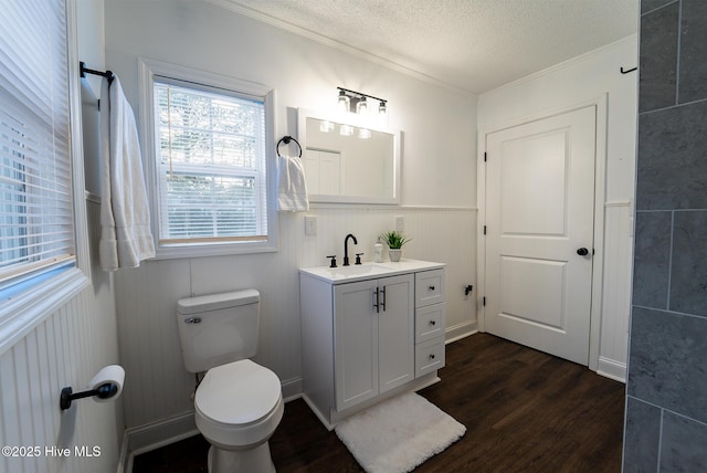 bathroom with vanity, wood-type flooring, crown molding, and a textured ceiling