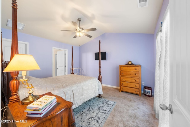 carpeted bedroom with ceiling fan, lofted ceiling, visible vents, and baseboards