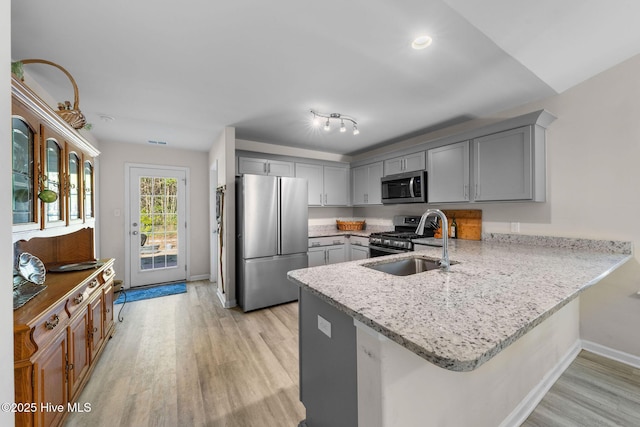 kitchen featuring kitchen peninsula, stainless steel appliances, gray cabinetry, and sink