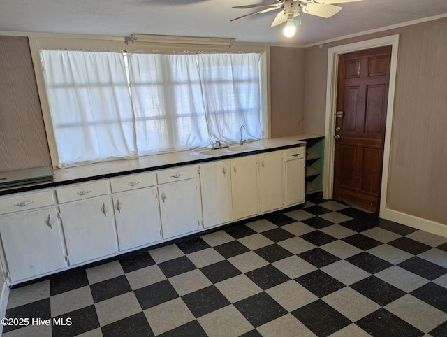 kitchen featuring white cabinets, ceiling fan, and crown molding