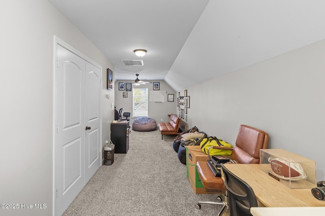 recreation room with carpet floors and lofted ceiling