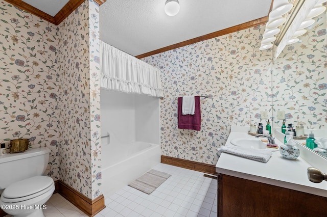 bathroom with vanity, tile patterned floors, crown molding, toilet, and a textured ceiling