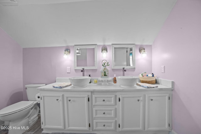 bathroom featuring vanity, vaulted ceiling, and toilet