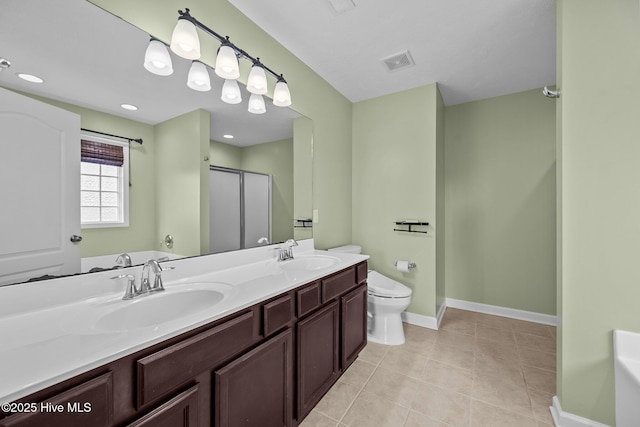 full bathroom featuring toilet, vanity, shower with separate bathtub, and tile patterned flooring