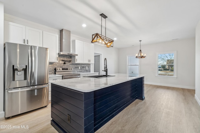 kitchen featuring wall chimney exhaust hood, sink, white cabinetry, stainless steel appliances, and light stone countertops