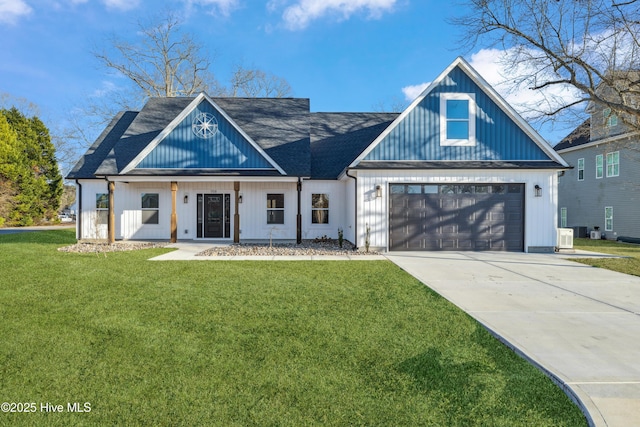 modern inspired farmhouse with a garage, central AC, and a front lawn