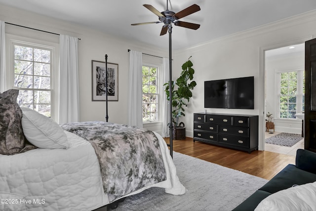 bedroom with multiple windows, ornamental molding, and hardwood / wood-style flooring