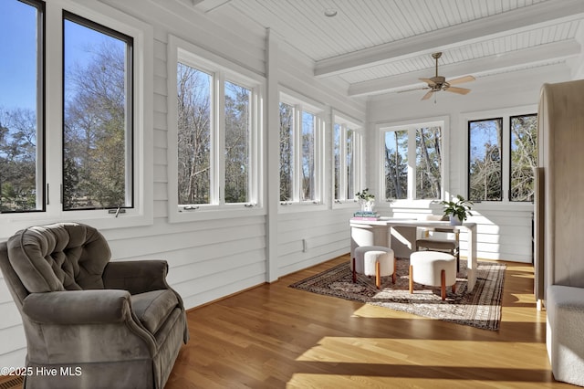 sunroom featuring ceiling fan, beamed ceiling, and wooden ceiling