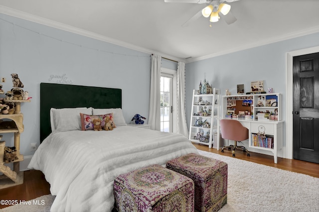 bedroom featuring crown molding, ceiling fan, and wood-type flooring