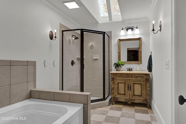 bathroom with separate shower and tub, vanity, and ornamental molding