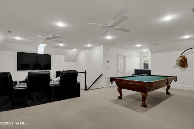 recreation room featuring ceiling fan, billiards, and light carpet