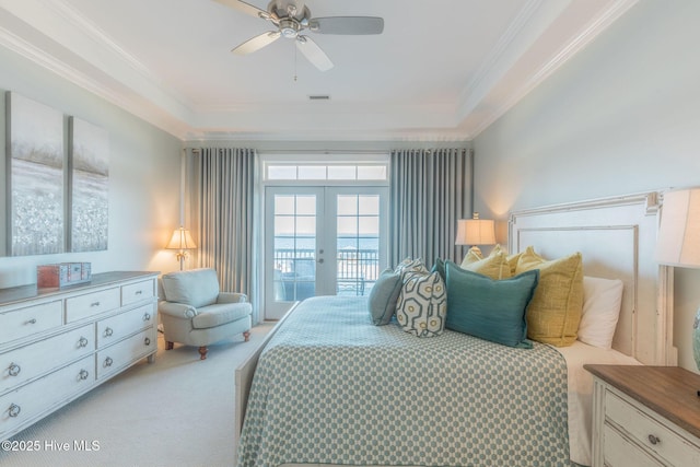 bedroom with french doors, crown molding, access to outside, carpet flooring, and ceiling fan