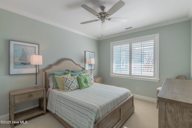 carpeted bedroom with crown molding and ceiling fan