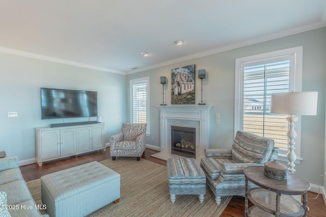 living room featuring hardwood / wood-style flooring and crown molding