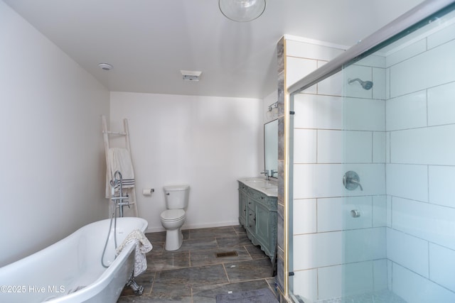 full bathroom featuring toilet, vanity, and plus walk in shower