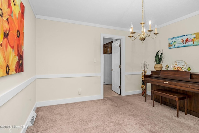 miscellaneous room featuring ornamental molding, a notable chandelier, and light colored carpet