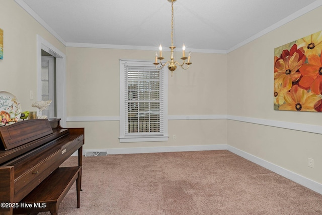 interior space with crown molding and a chandelier