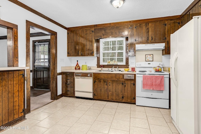 kitchen with white appliances, a healthy amount of sunlight, crown molding, and sink