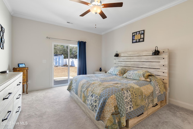 bedroom featuring access to exterior, ceiling fan, ornamental molding, and light colored carpet