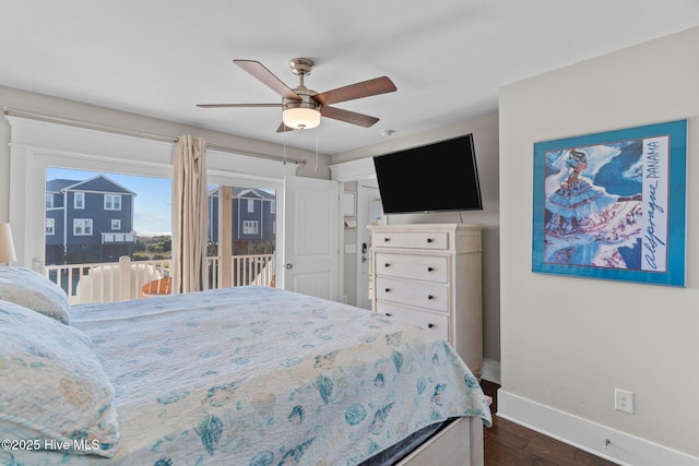 bedroom featuring ceiling fan, access to exterior, and dark wood-type flooring