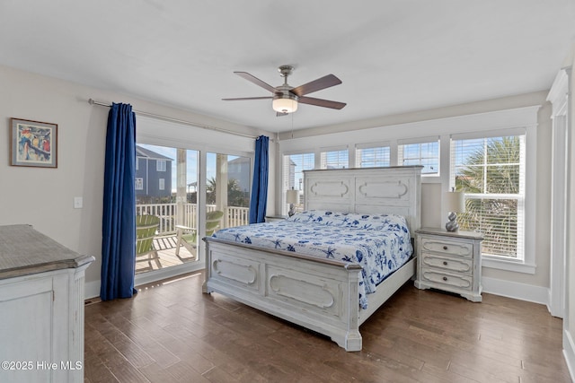 bedroom featuring ceiling fan, dark hardwood / wood-style flooring, and access to outside