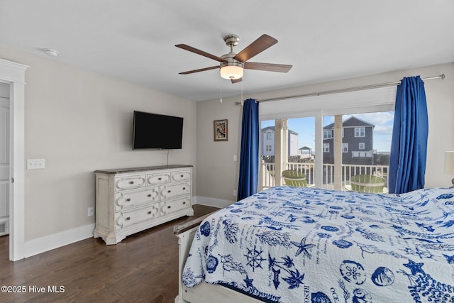 bedroom with ceiling fan, dark hardwood / wood-style floors, and access to outside