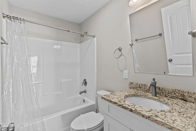 full bathroom featuring toilet, vanity, and shower / bath combination with curtain