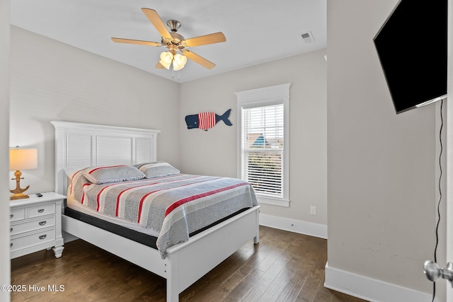 bedroom with ceiling fan and dark hardwood / wood-style floors