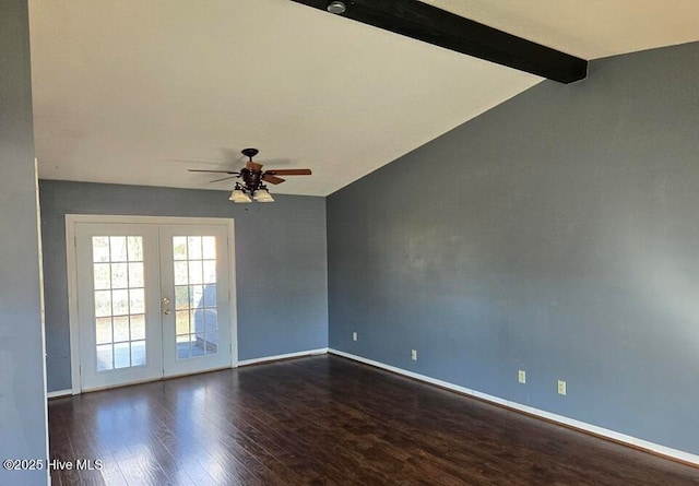 spare room with ceiling fan, dark wood-type flooring, french doors, and vaulted ceiling with beams