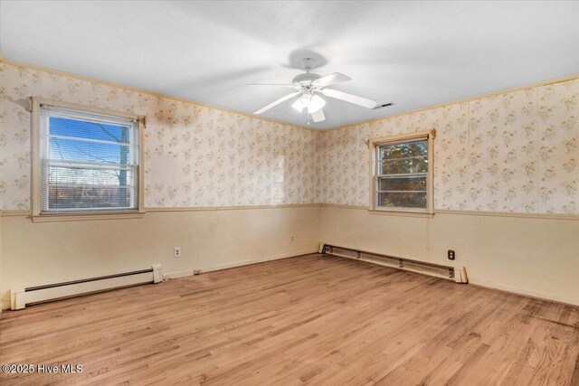 unfurnished living room with a textured ceiling, light carpet, a baseboard radiator, and a wall unit AC