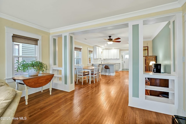 interior space with ceiling fan, light wood-type flooring, and crown molding