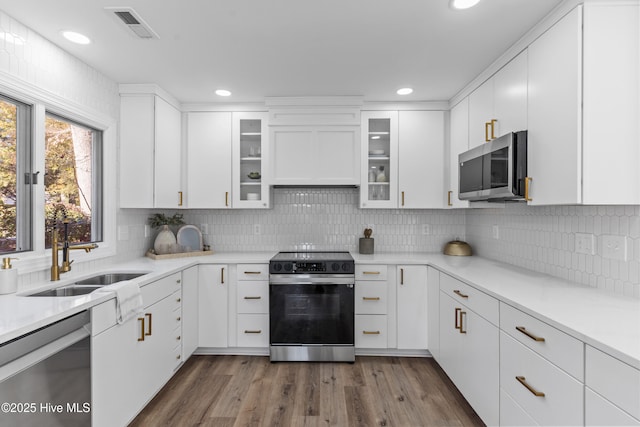 kitchen with appliances with stainless steel finishes, white cabinetry, sink, backsplash, and dark hardwood / wood-style flooring