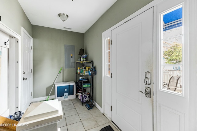 entrance foyer with light tile patterned flooring and electric panel